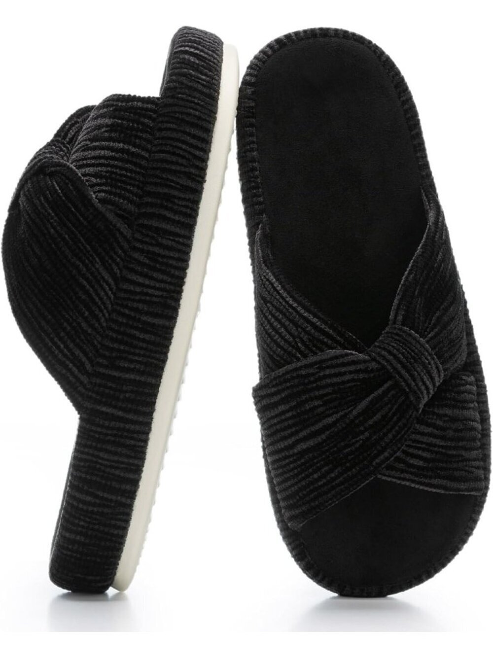 Women's Black Memory Foam House Corduroy Bow Crossbands Comfy Slipper Shoes